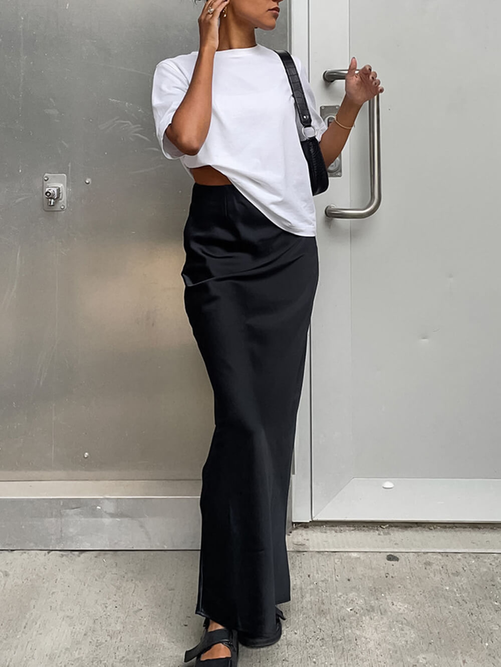 Women's black high-waist satin fishtail maxi skirt