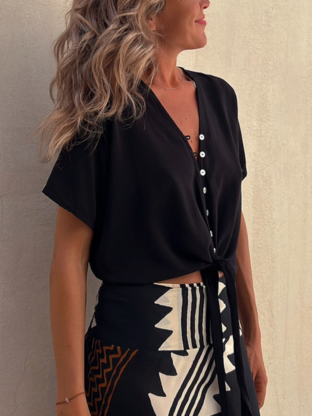 Women's Black Silk Chiffon V-Neck Top