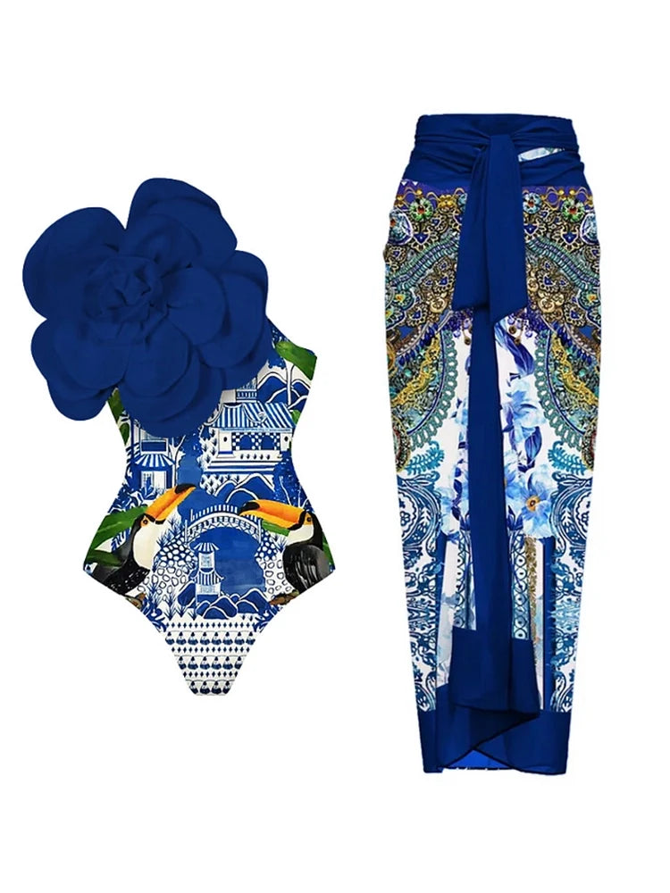Women's Blue 3D Floral Embellished Swimsuit — additional view
