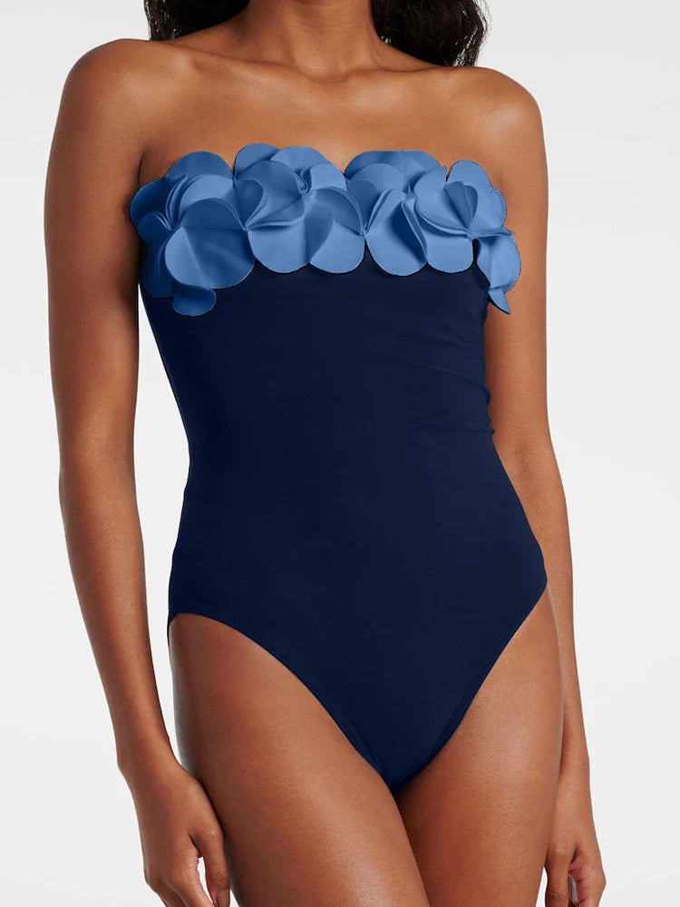 Women's Blue 3D Floral Strapless Swimsuit — additional view