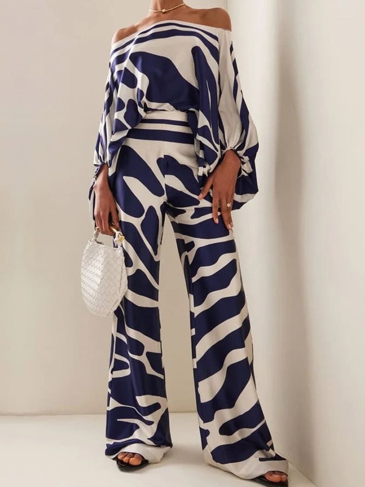 Women's blue abstract wave two-piece set