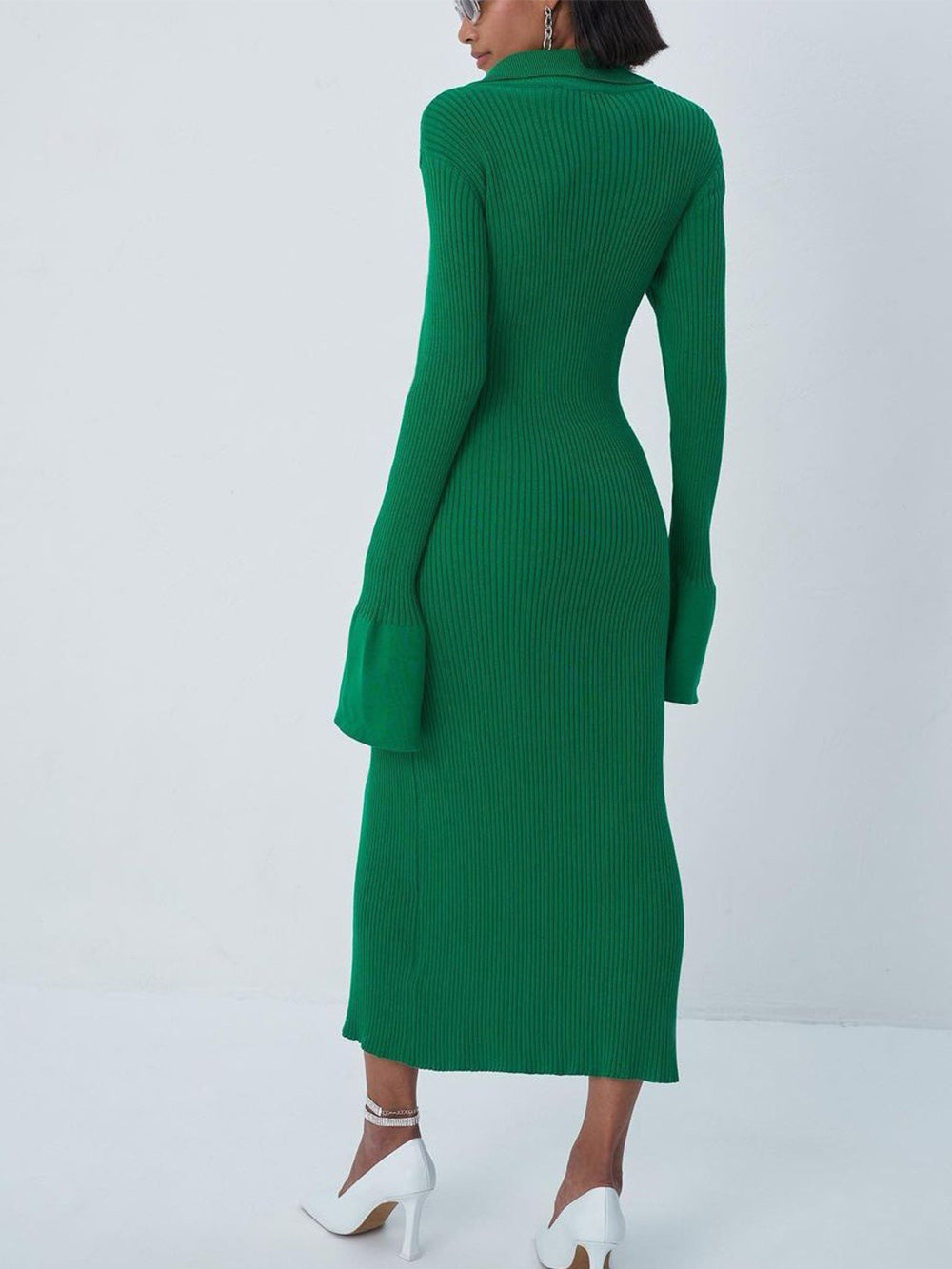 Women's blue bell sleeve sweater maxi dress — back view