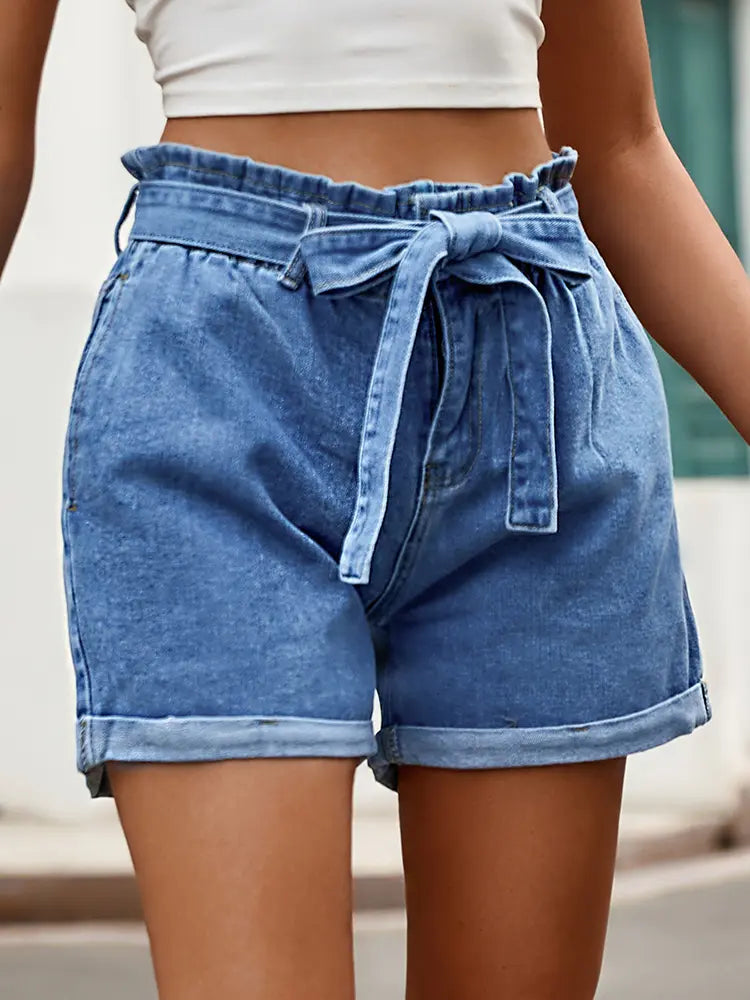 Women's blue high-waist denim shorts with bow-tie waistband