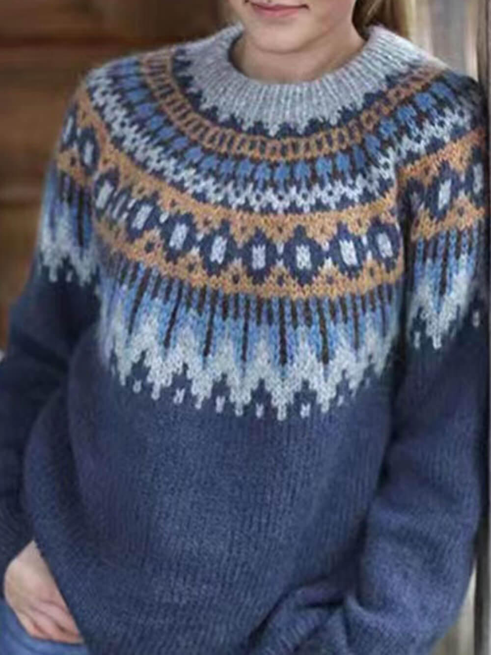 Women's Blue Chunky Jacquard Knit Jumper