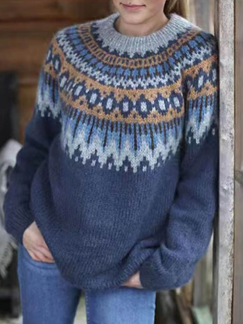 Women's Blue Chunky Jacquard Knit Jumper