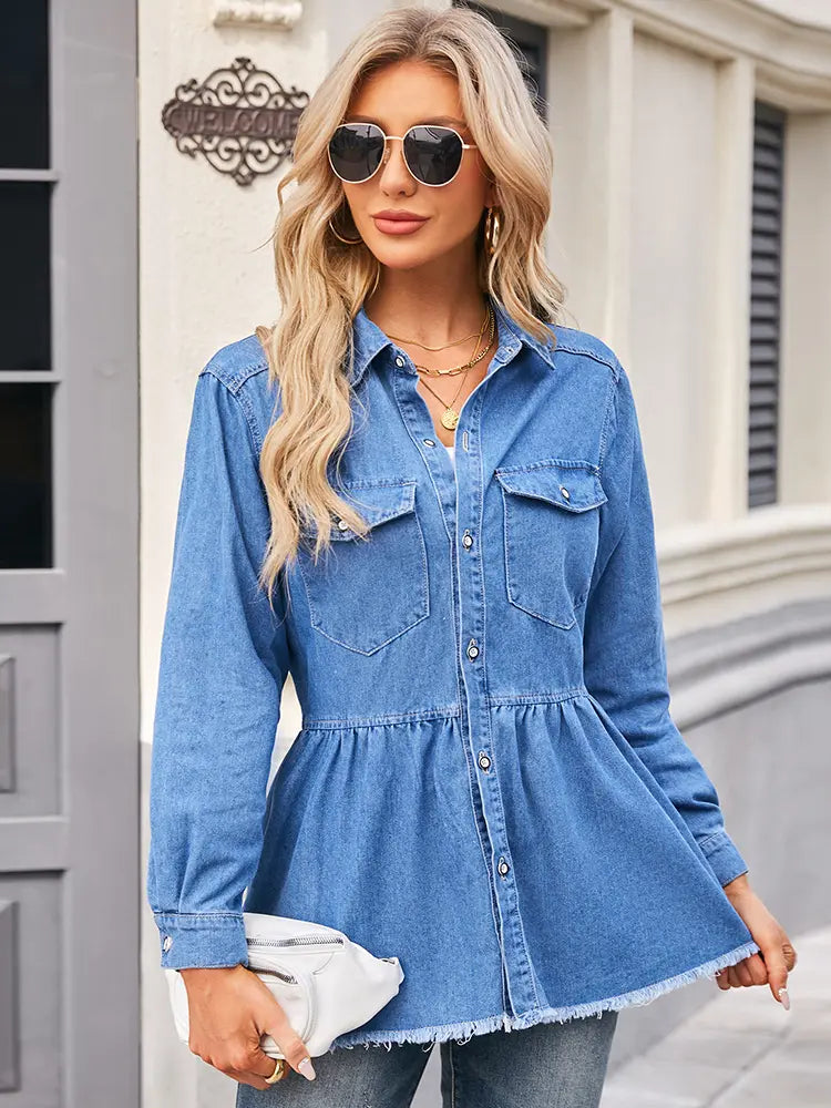 Women's blue collared frayed hem denim shirt