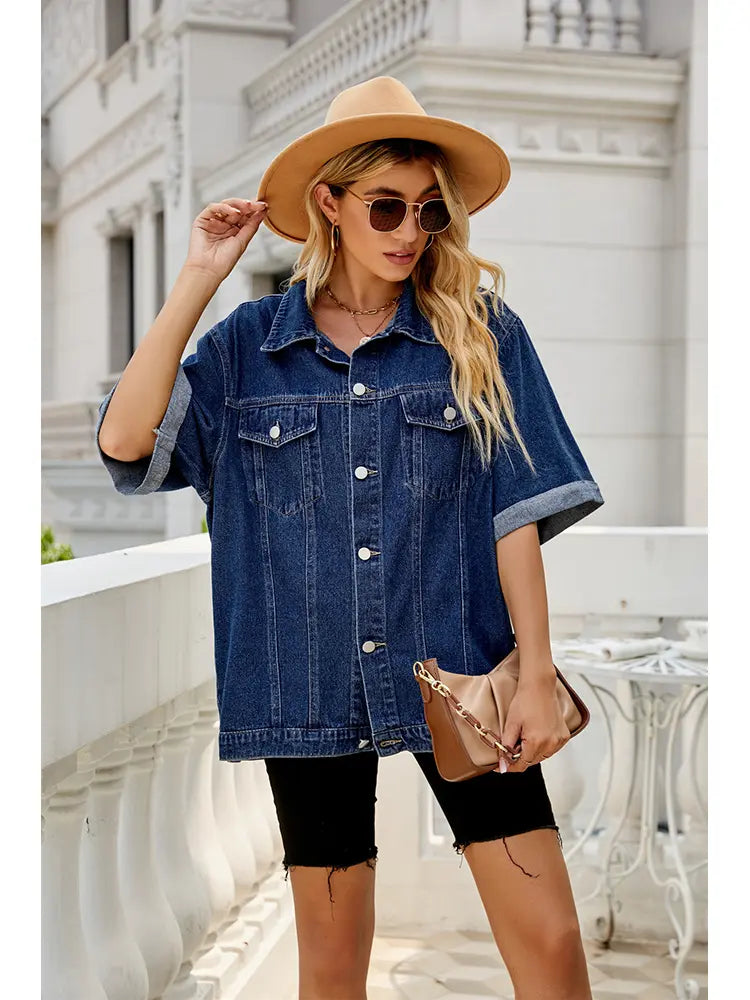 Women's Blue Dark Wash Denim Jacket — close-up detail