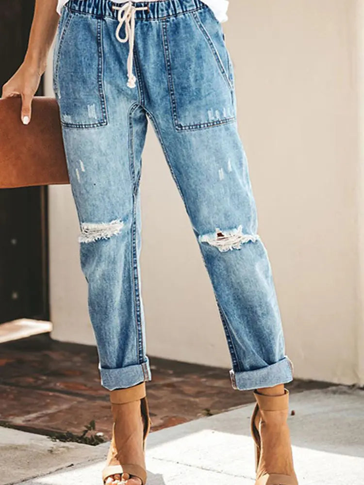 Women's Blue Ripped Denim Joggers