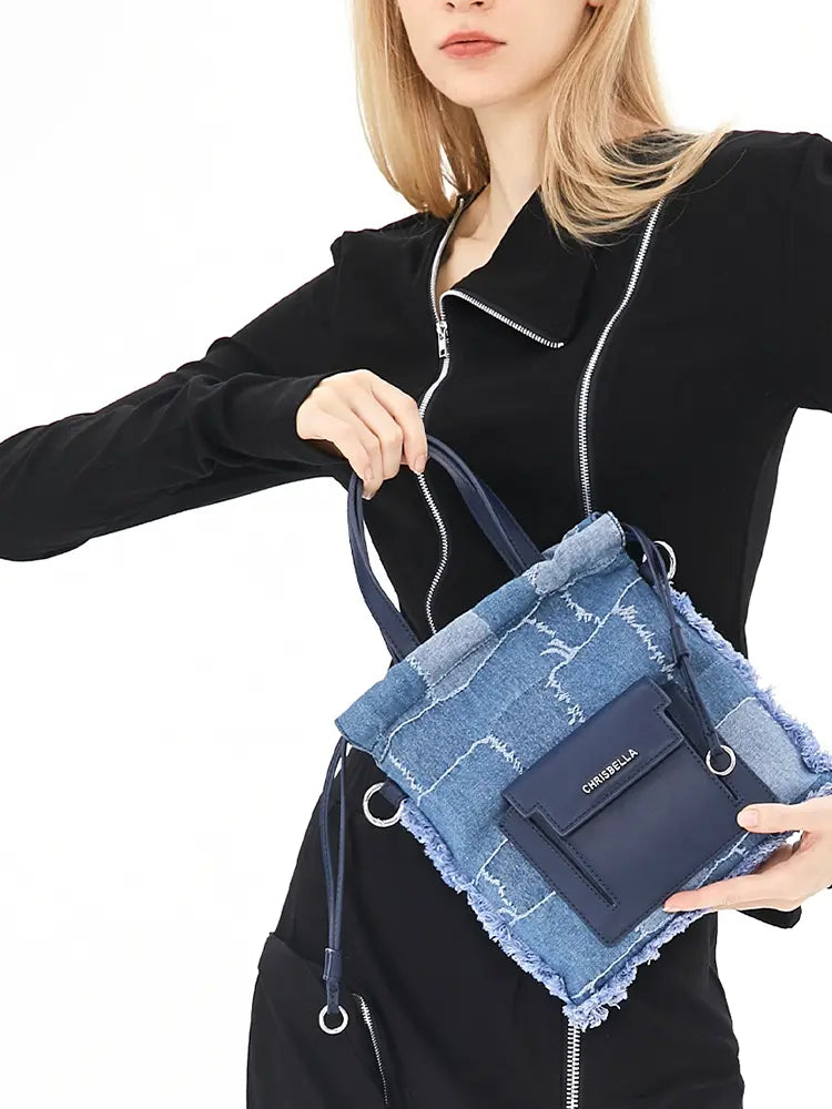 Women's Blue Denim Patchwork Bucket Bag — back view