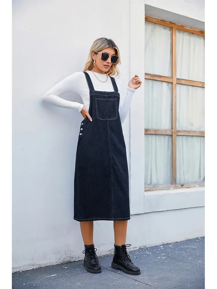 Women's blue denim pinafore midi dress with adjustable straps