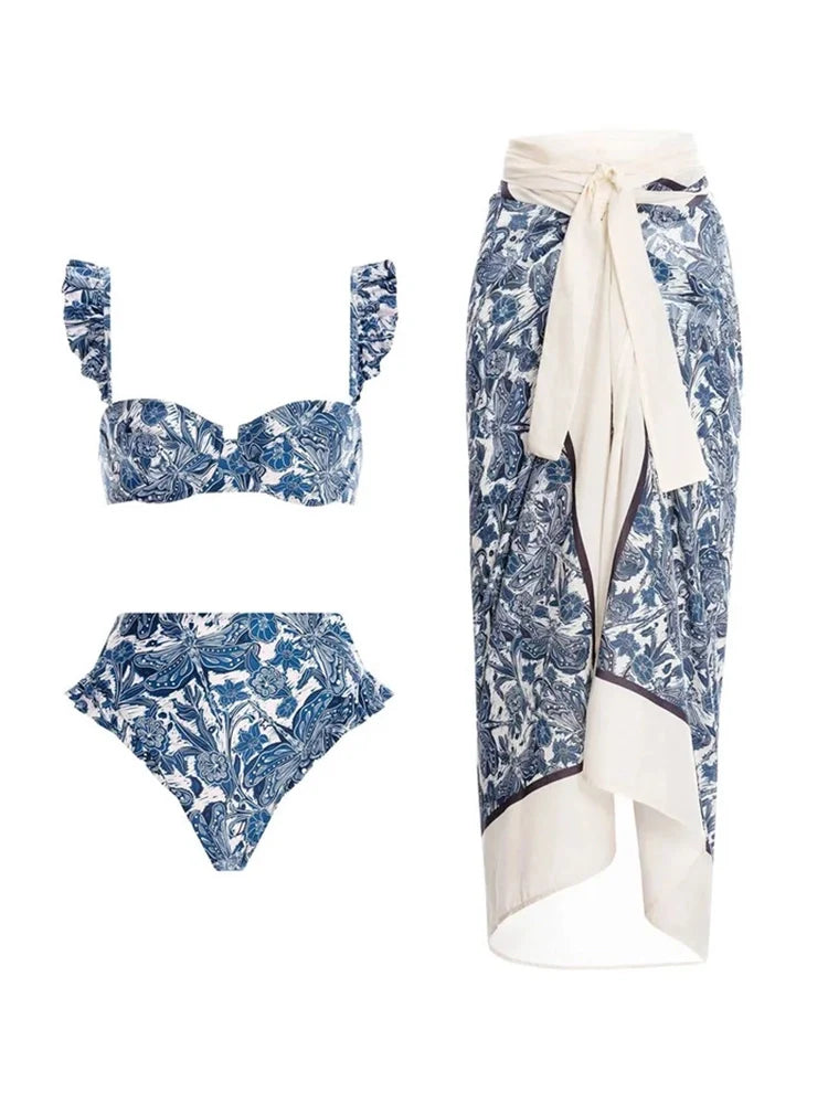 Women's blue dragonfly print ruffle bikini set