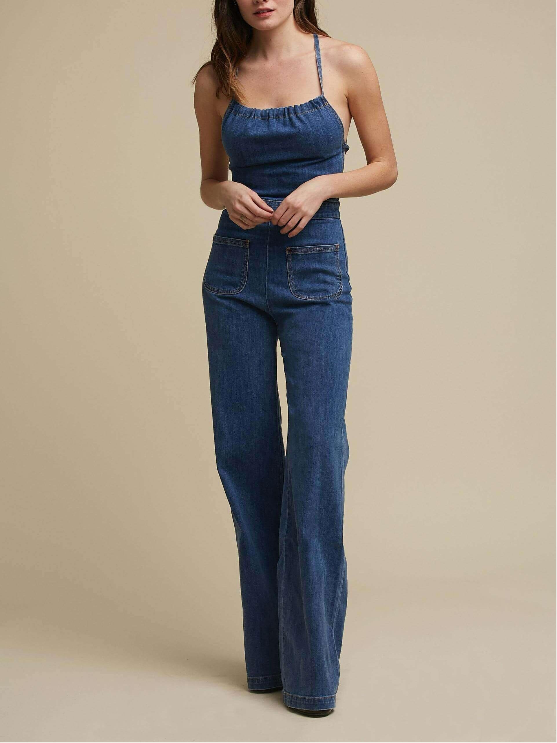 Women's blue flared denim tie-back jumpsuit