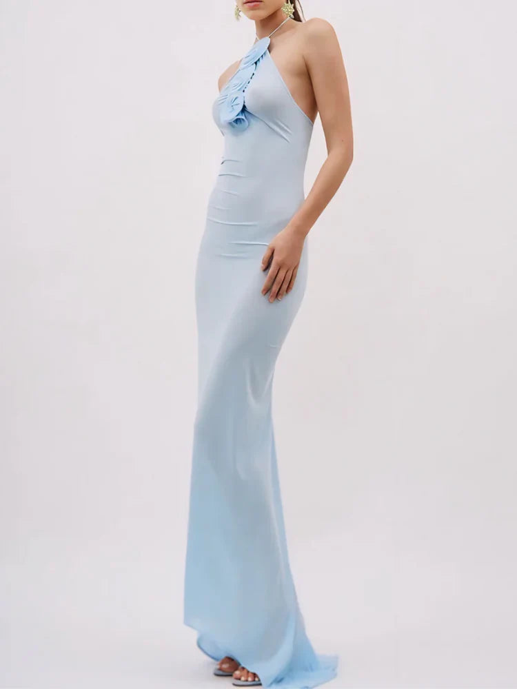 Women's blue floral applique halter maxi dress — full length
