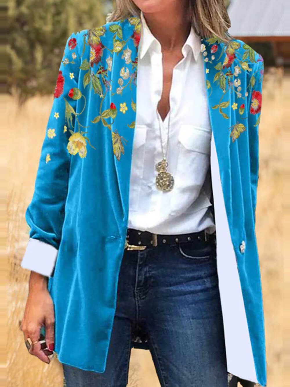Women's blue floral embroidered corduroy blazer