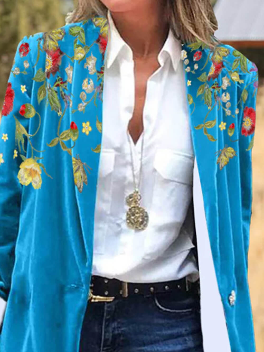 Women's blue floral embroidered corduroy blazer — back view