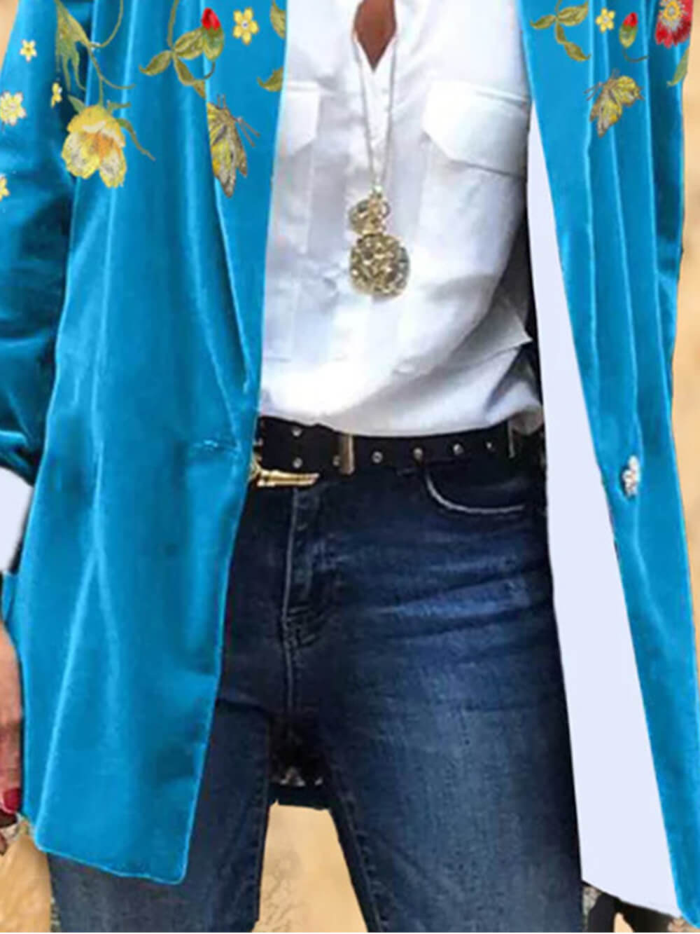 Women's blue floral embroidered corduroy blazer — side detail