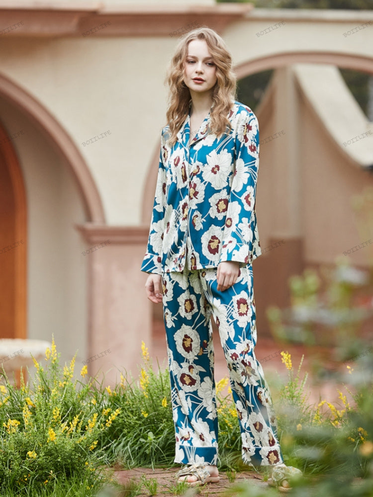Women's blue floral print ice-silk loungewear set