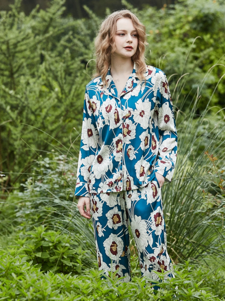 Women's blue floral print ice-silk loungewear set — alternate angle