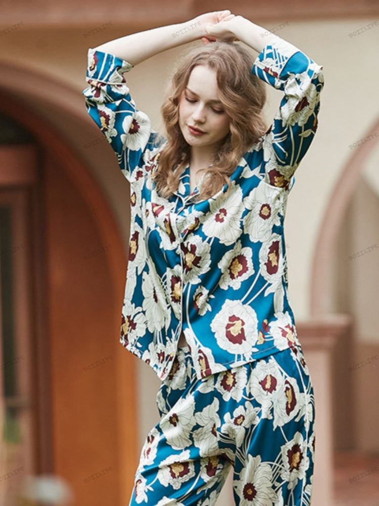 Women's blue floral print ice-silk loungewear set — full length