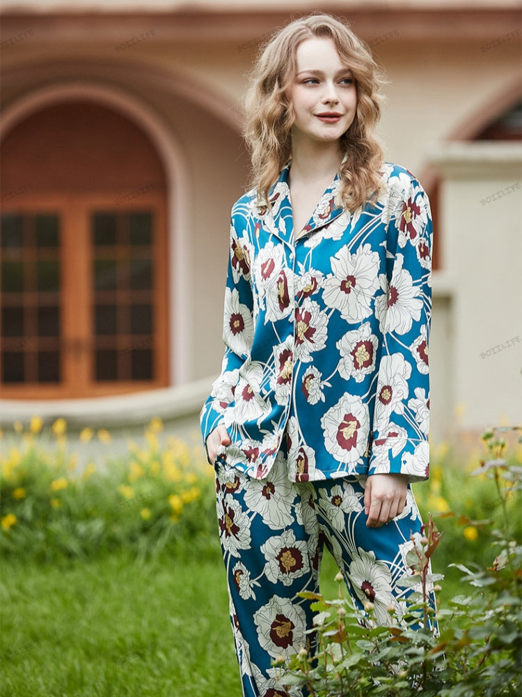 Women's blue floral print ice-silk loungewear set — full length