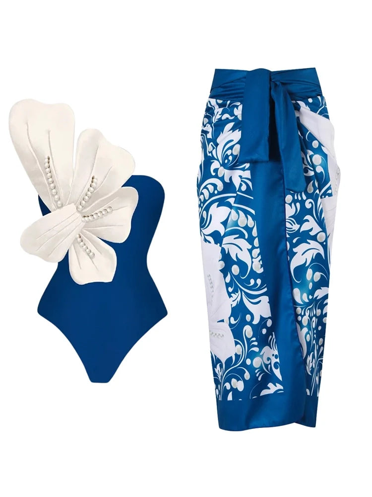 Women's blue floral pearl swimsuit set