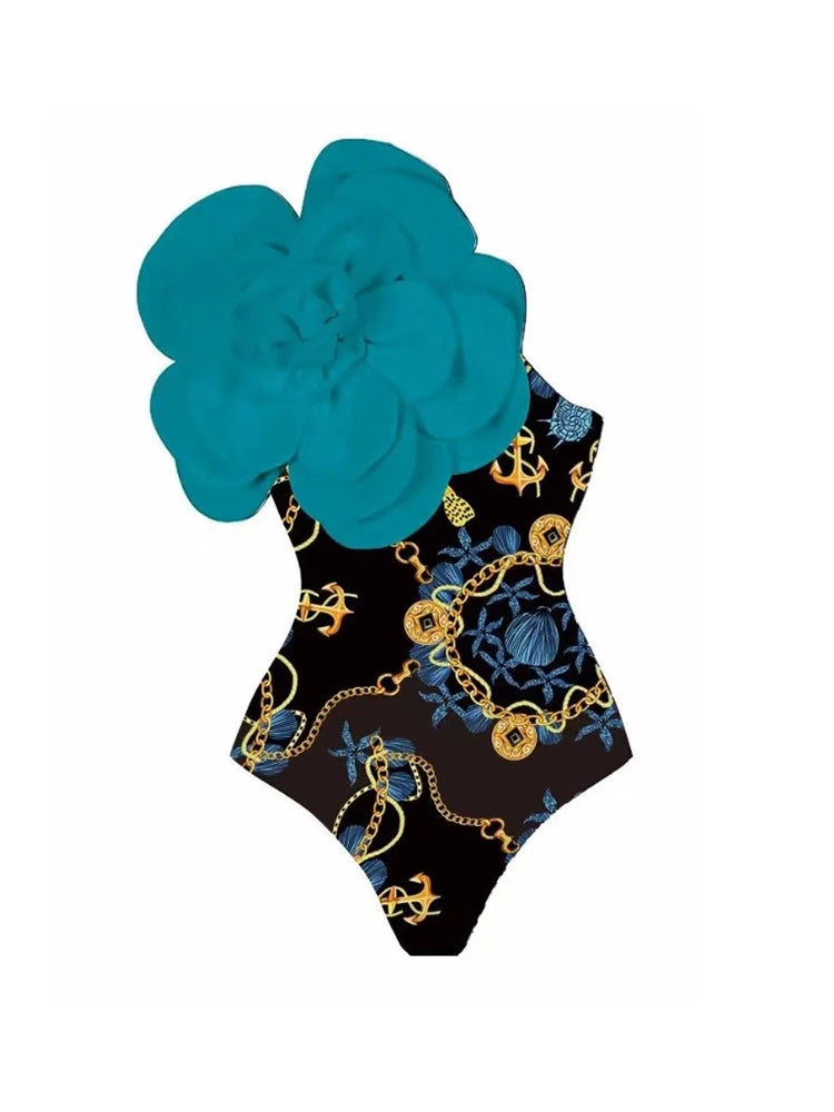 Women's blue floral 3D flower swimsuit — alternate angle