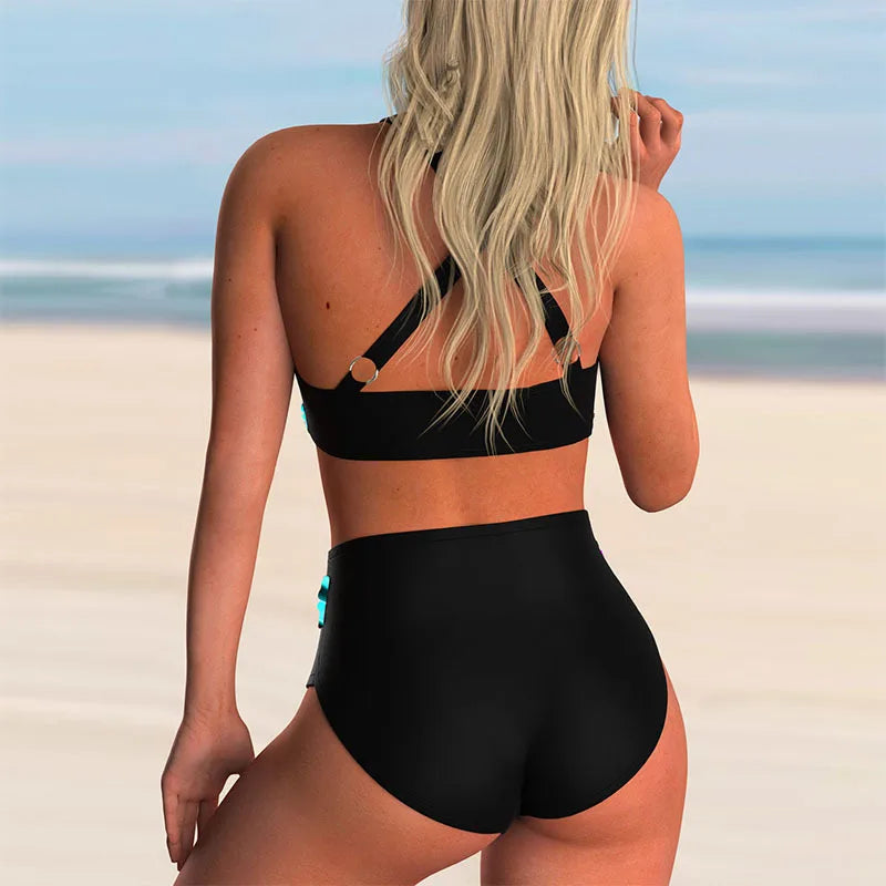 Women's blue high-waist halter bikini set — alternate angle