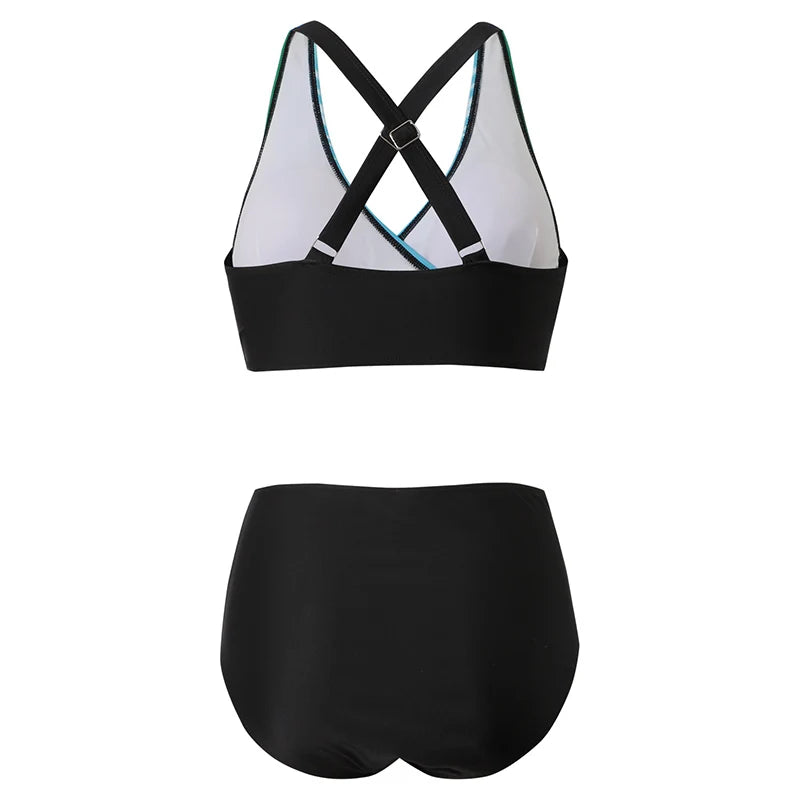 Women's blue high-waist halter bikini set — full length
