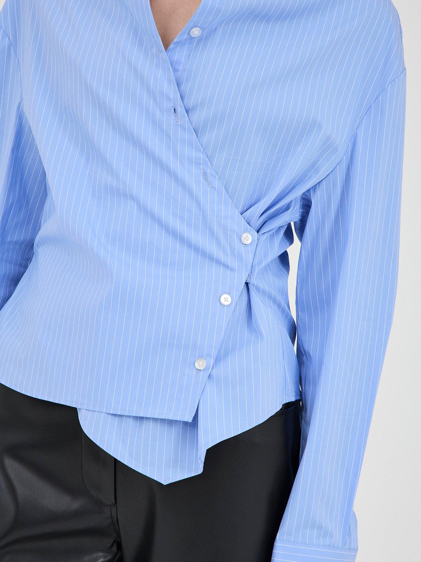 Women's Blue Pinstripe Wrap Shirt — alternate angle