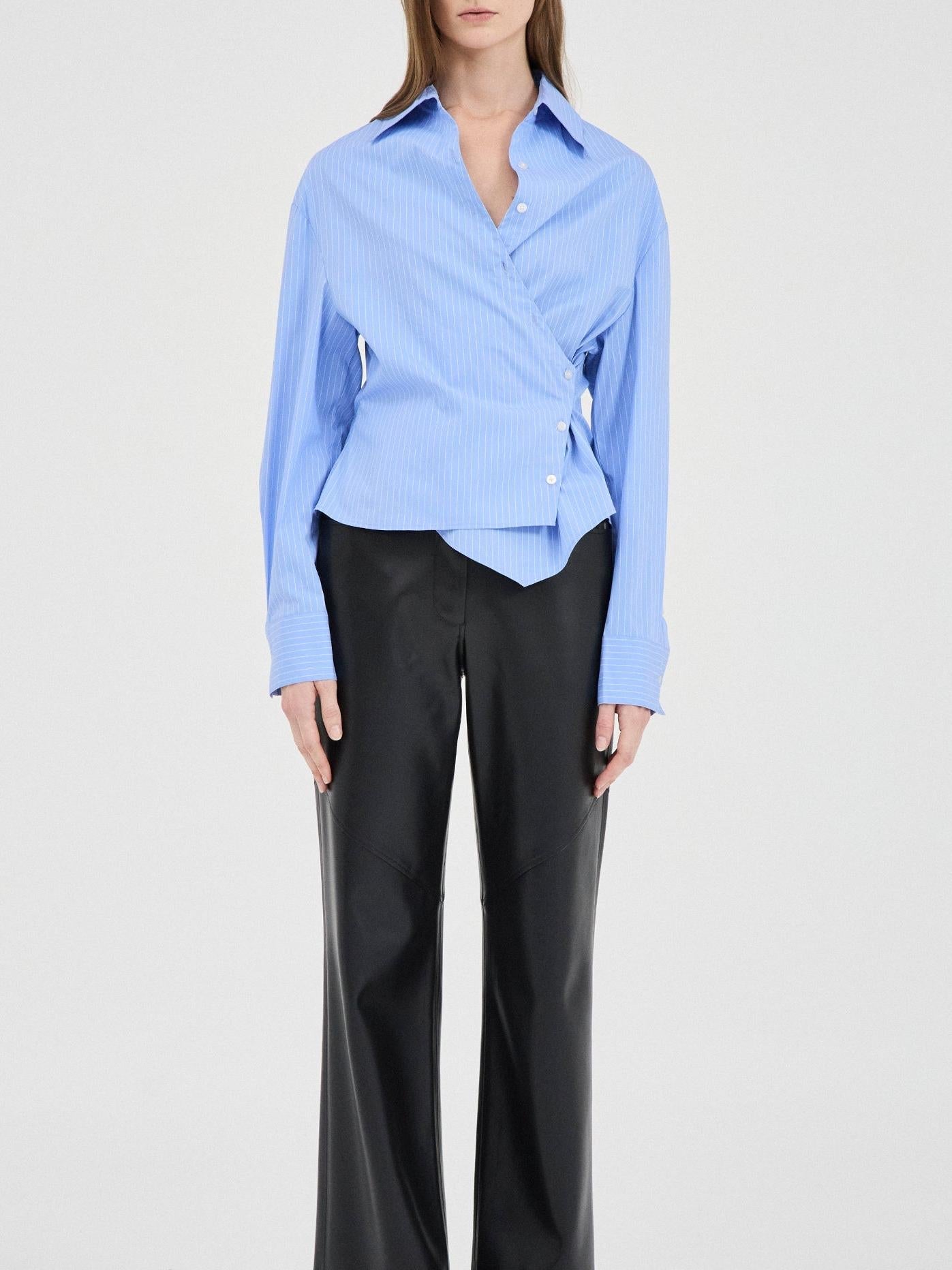 Women's Blue Pinstripe Wrap Shirt — back view