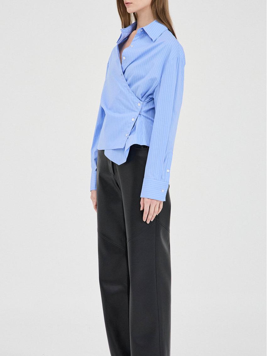 Women's Blue Pinstripe Wrap Shirt — collar detail