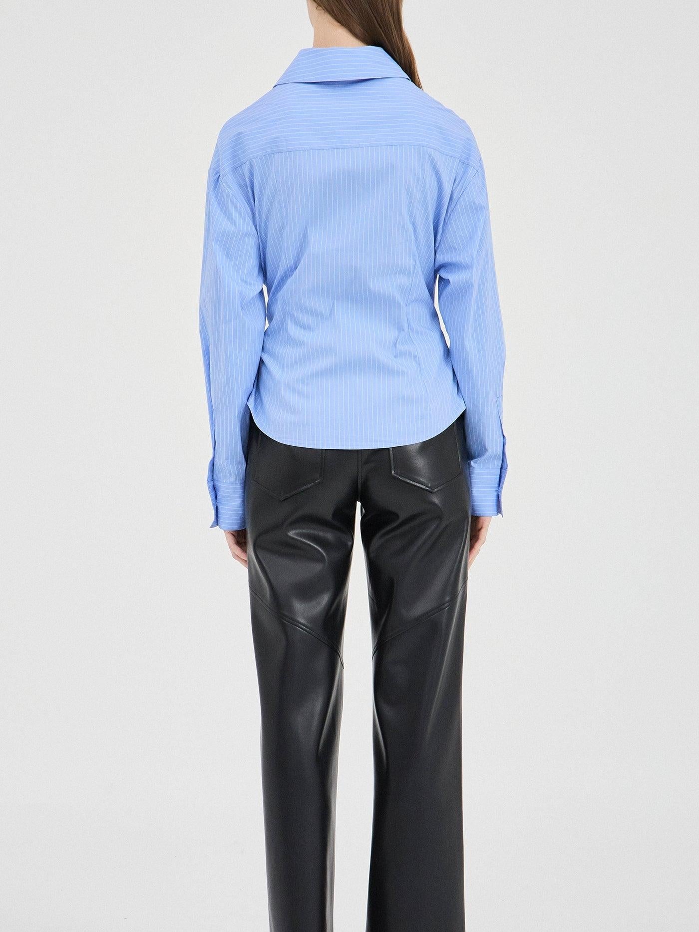 Women's Blue Pinstripe Wrap Shirt — fabric detail