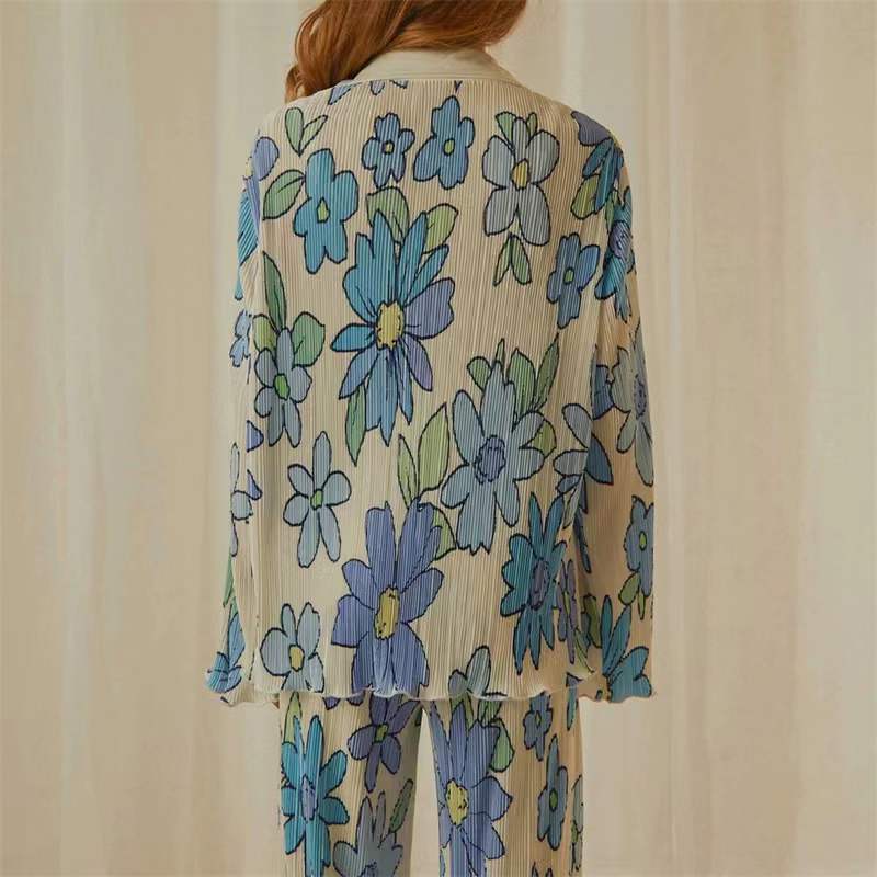 Women's blue pleated shirt and pants set — alternate angle