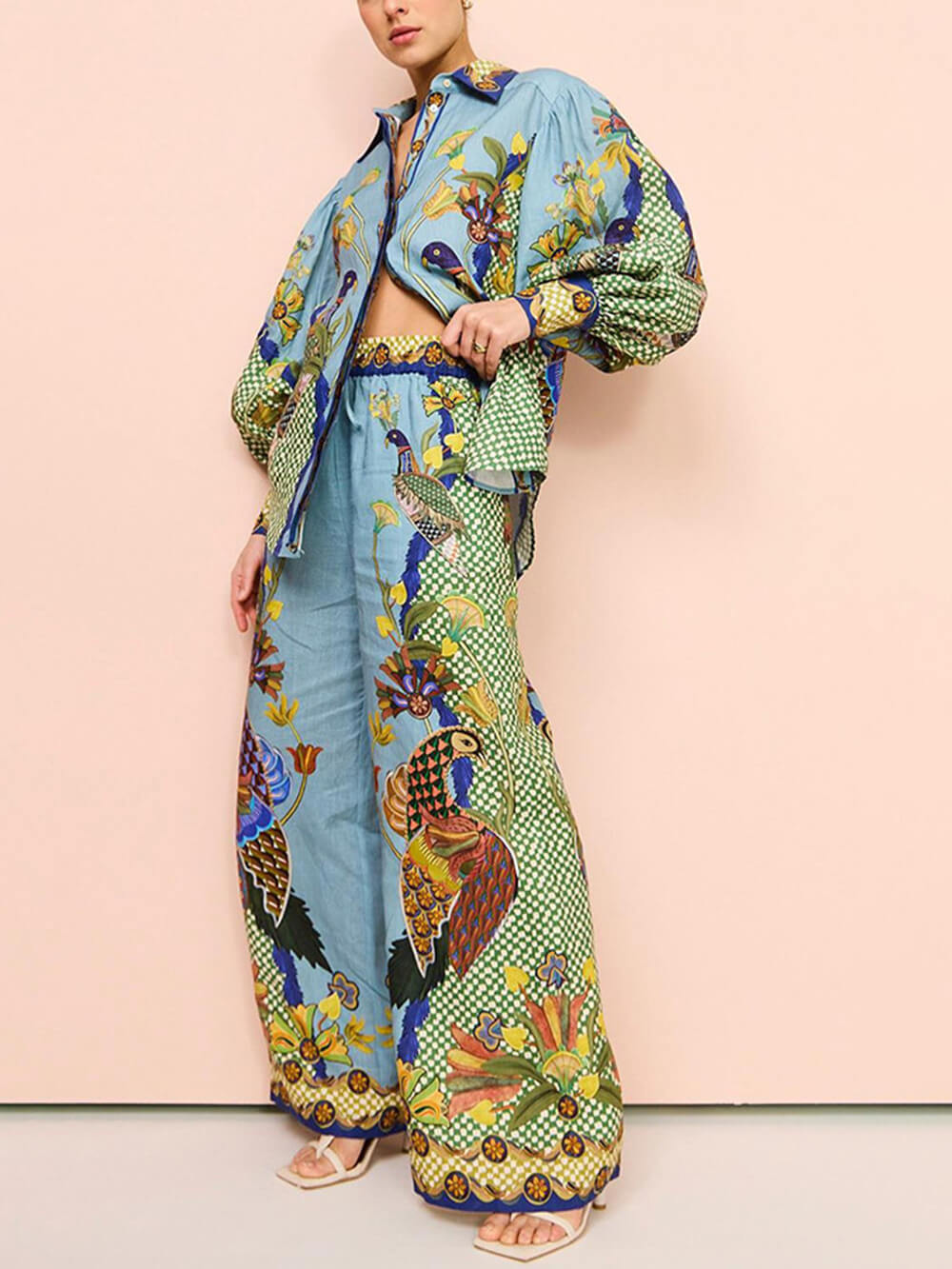 Women's Blue Puff-Sleeve Shirt & Trouser Set
