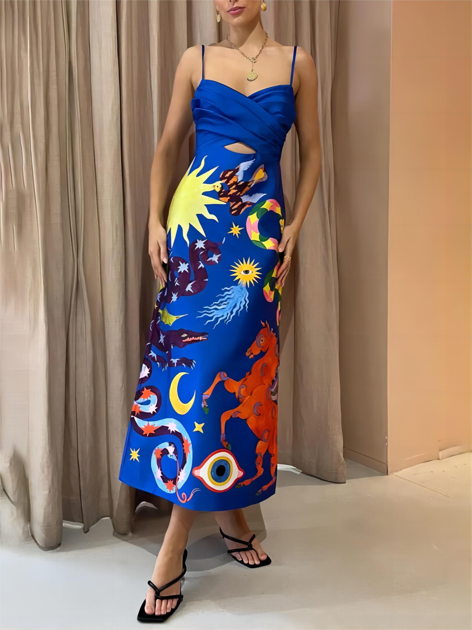 Women's blue satin backless printed midi dress