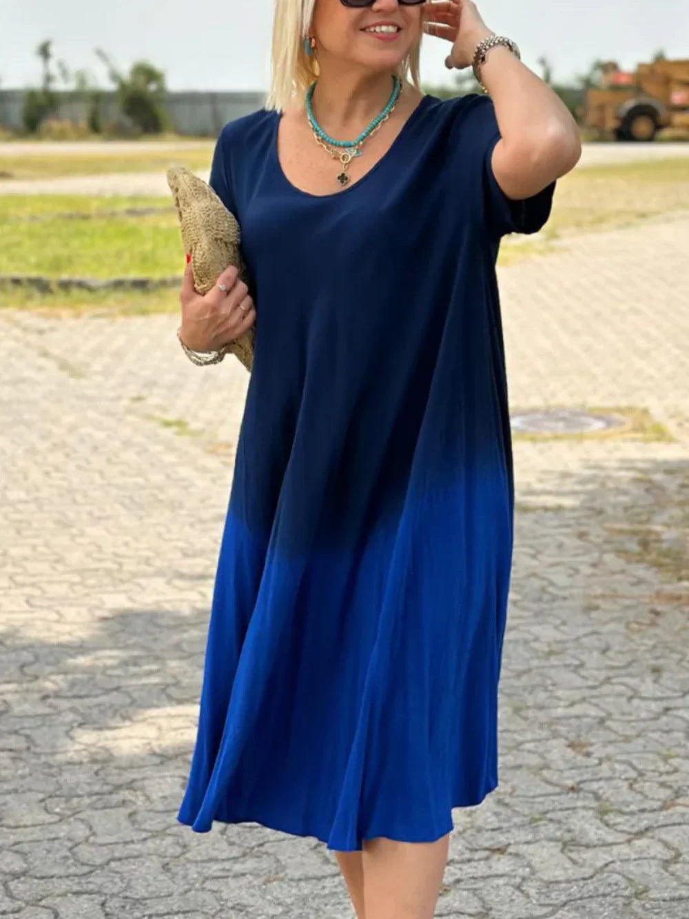 Women's blue tie-dye gradient flared midi dress — alternate angle