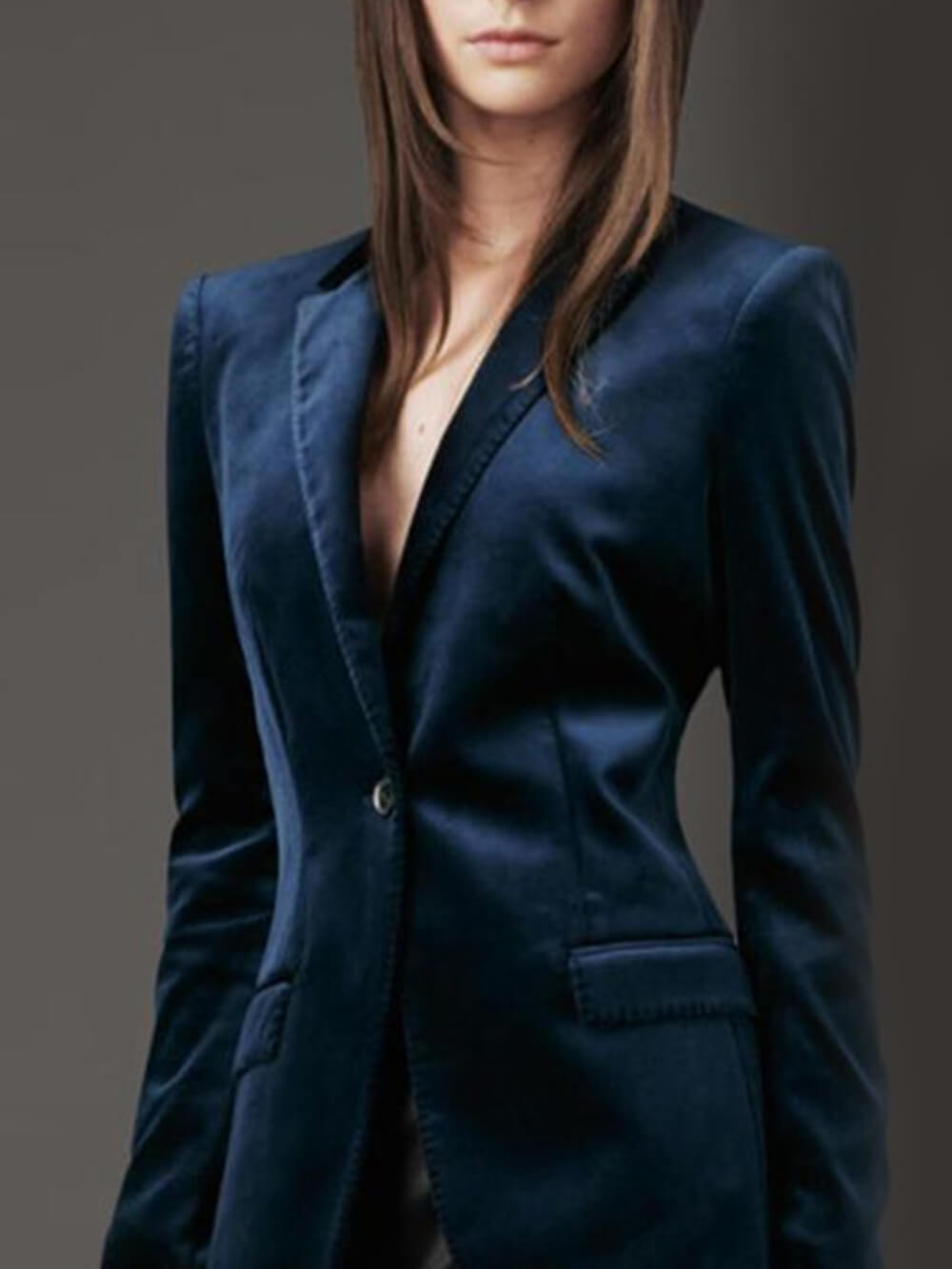 Women's blue velvet one-button blazer — front view