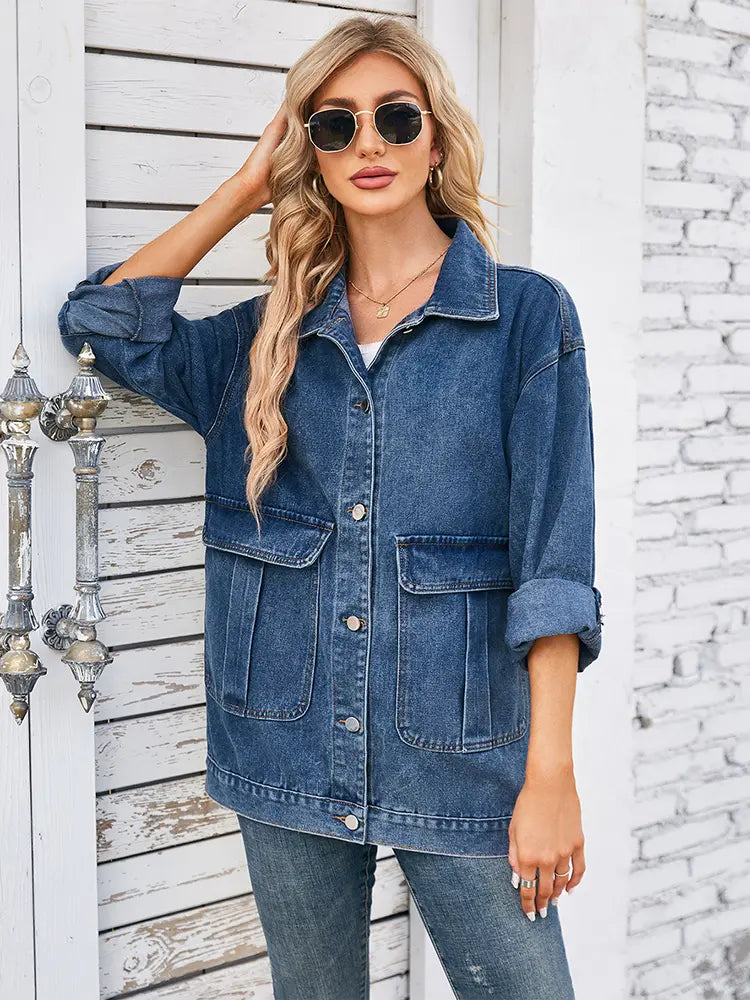 Women's Blue Washed Denim Trucker Jacket — back view