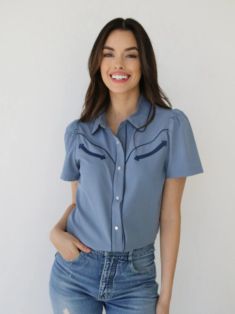 Women's Blue Western Pearl-Button Blouse