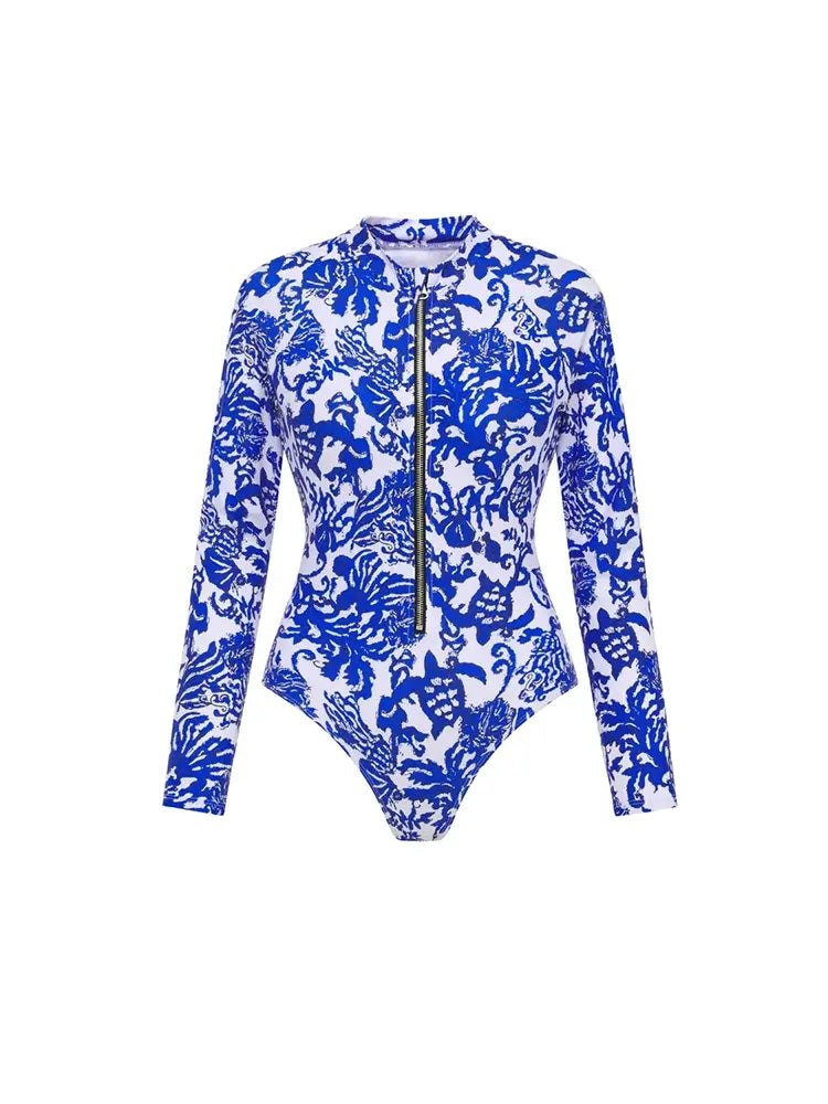 Women's Blue Zip-Up Long Sleeve Swimsuit — additional view