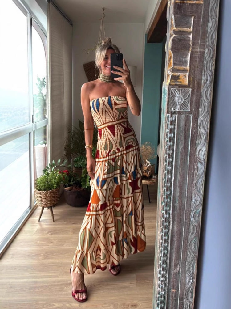 Women's retro bohemian camisole maxi dress — back view
