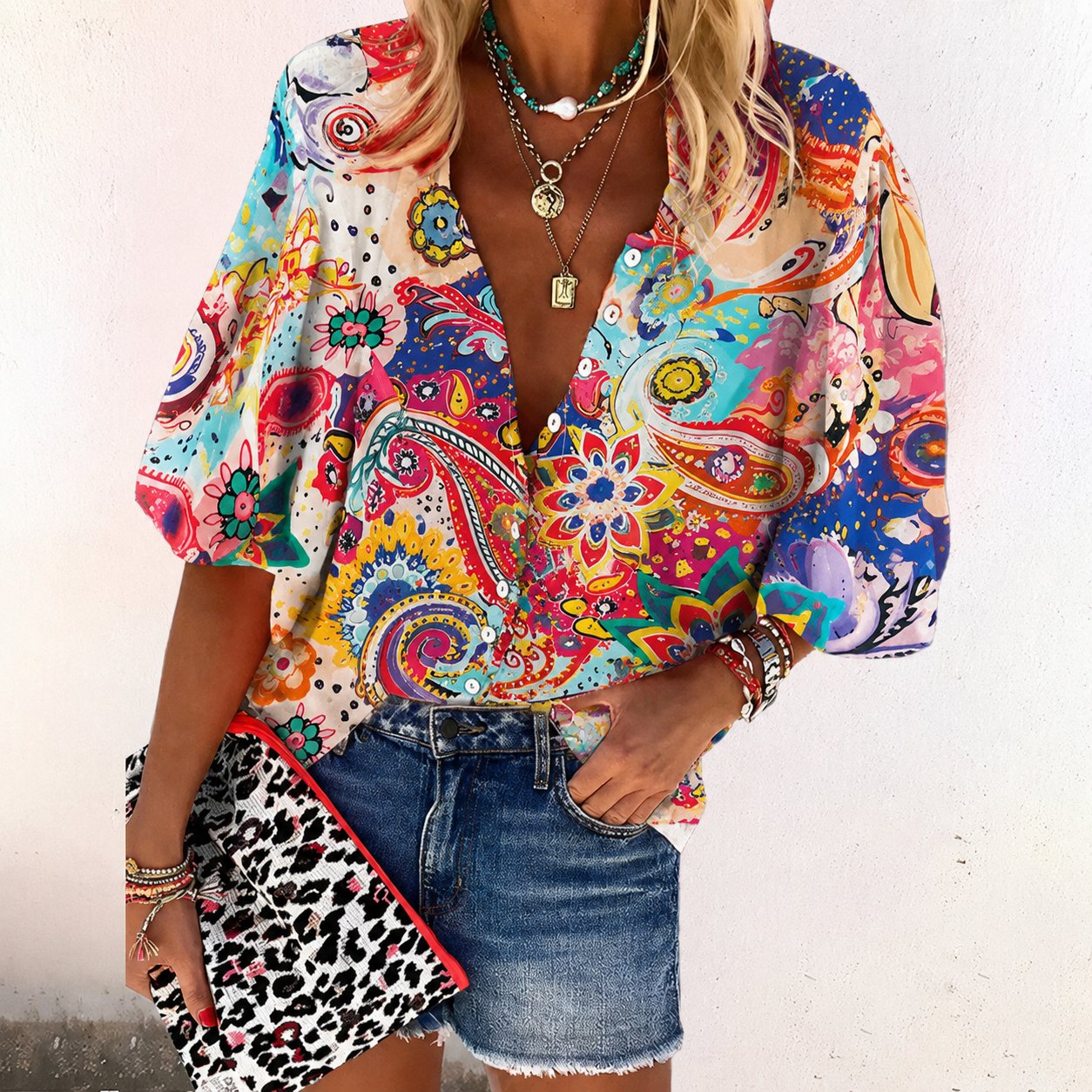 Floral V-Neck Button-Down Blouse