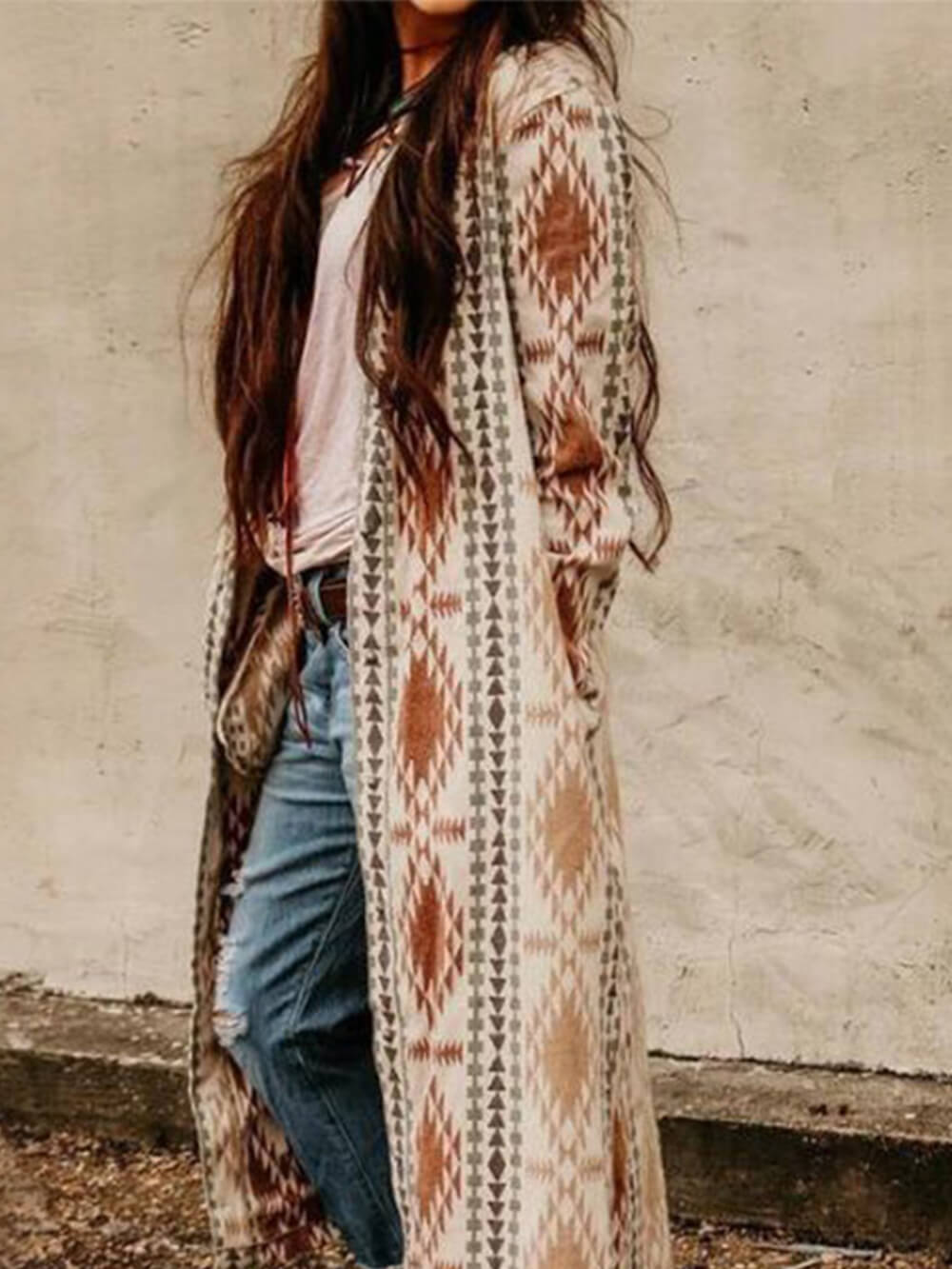 Women's brown boho print open cardigan