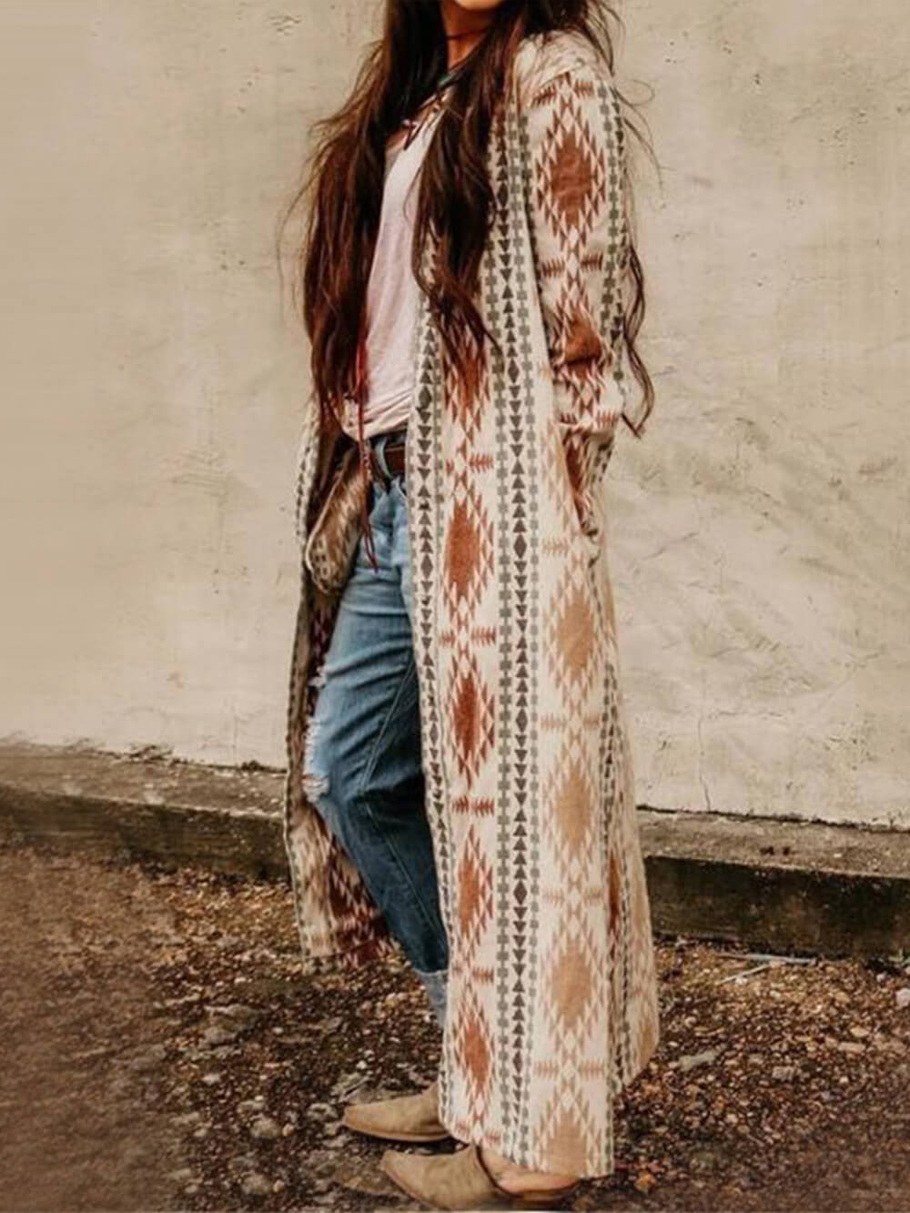 Women's brown boho print open cardigan