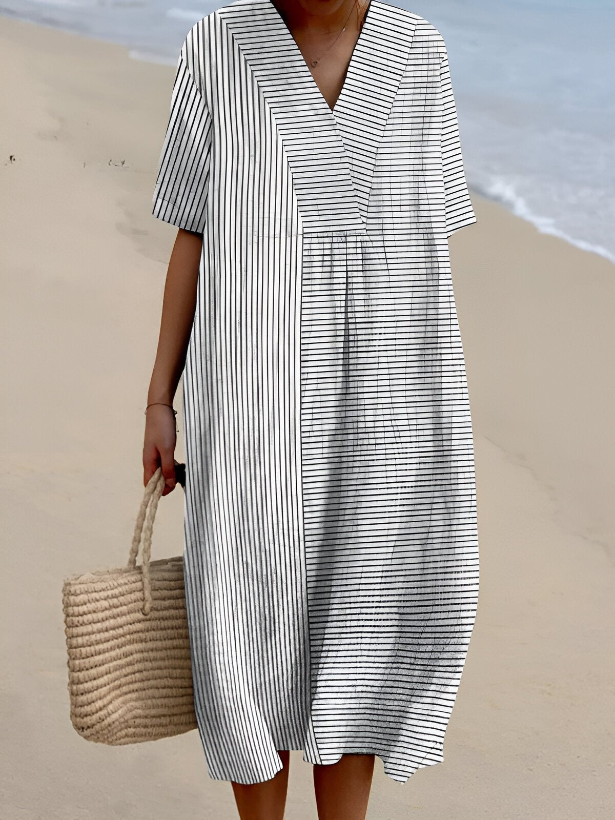Striped V-Neck Relaxed Midi Dress