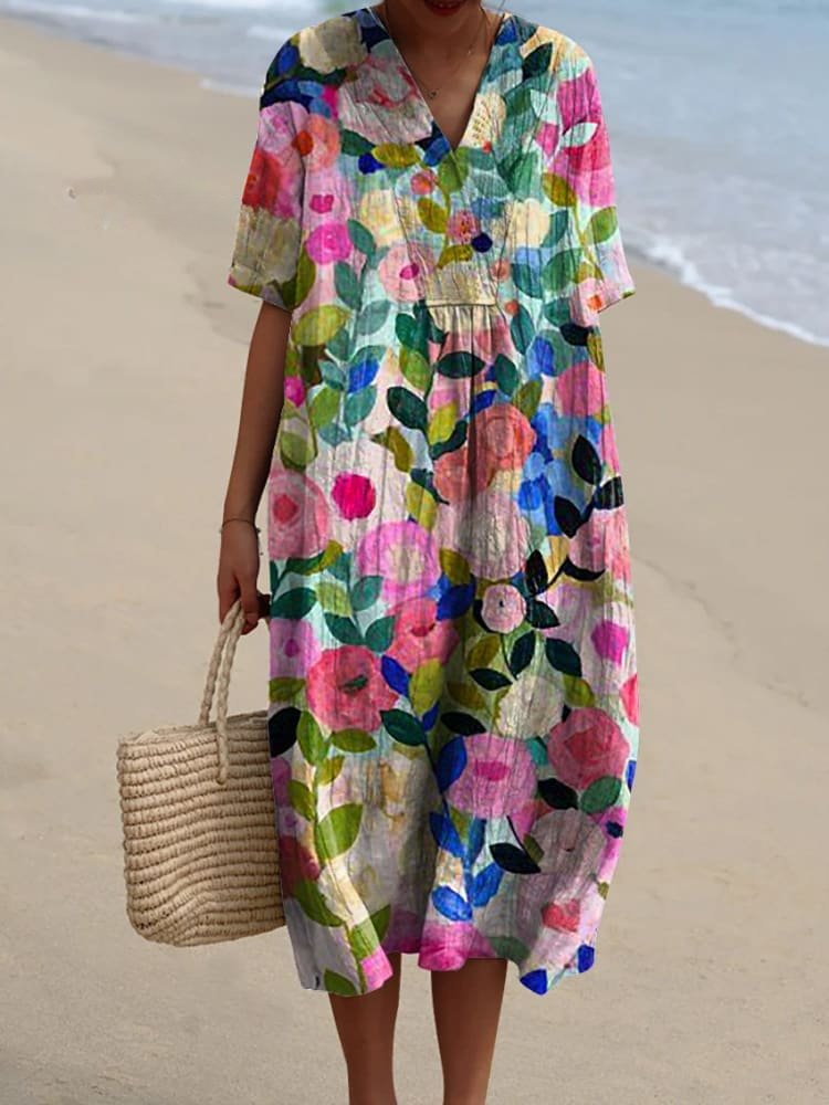 Striped V-Neck Relaxed Midi Dress