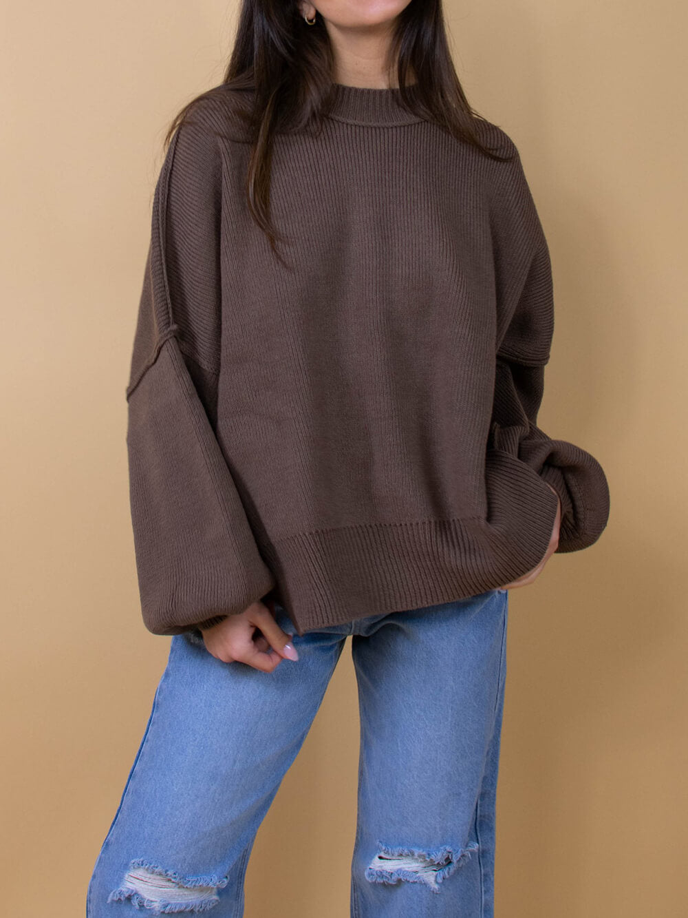 Women's Brown Balloon-Sleeve Sweater