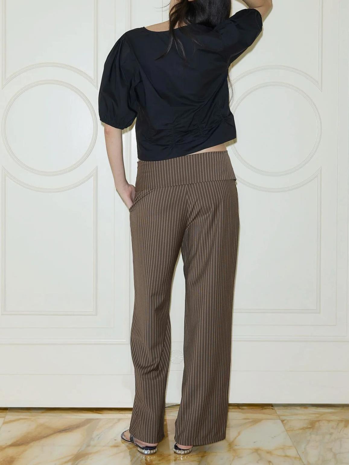 Women's brown folded overlay straight-leg trousers — alternate angle