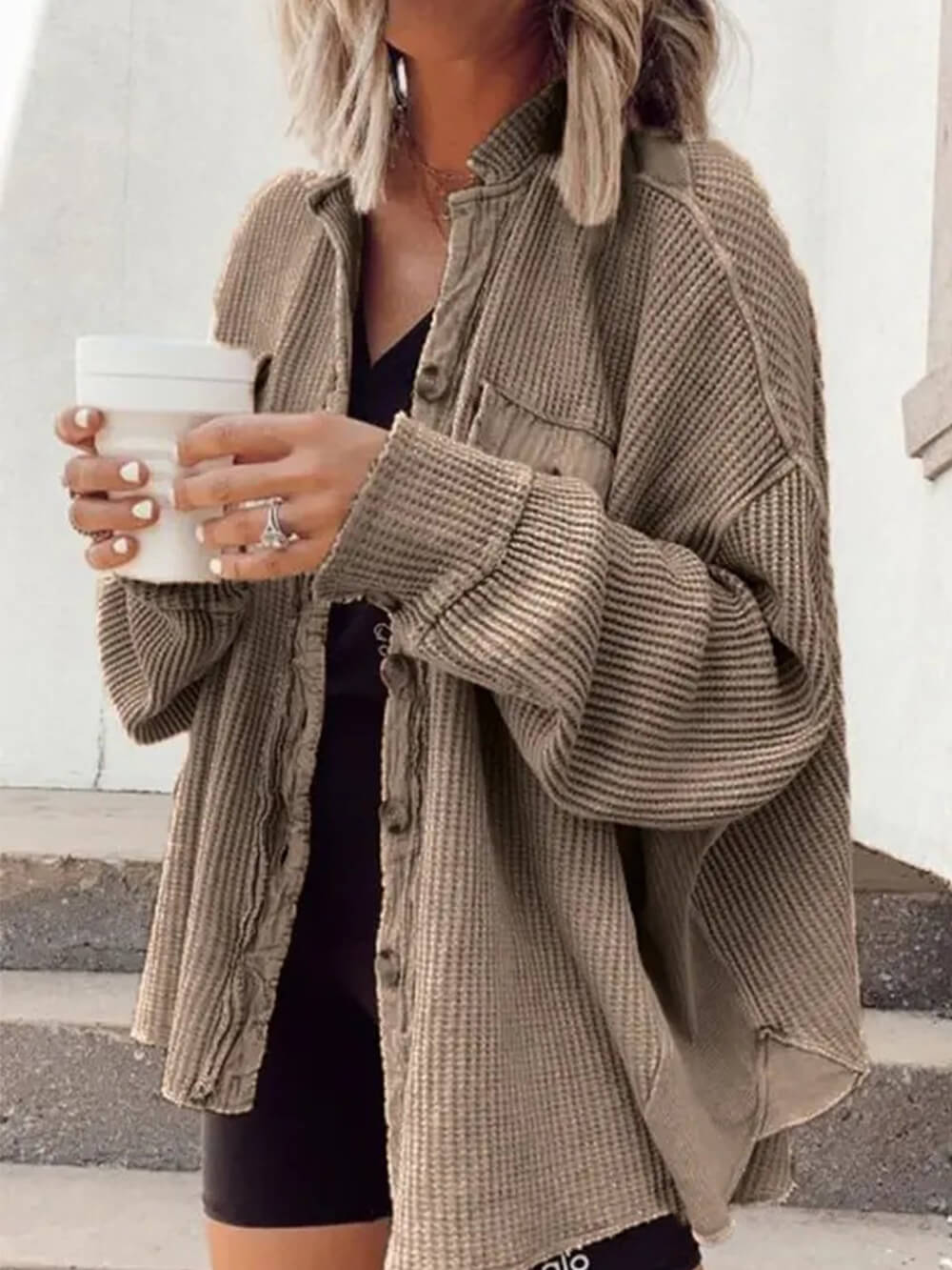 Women's brown lapel overshirt with spliced panelling