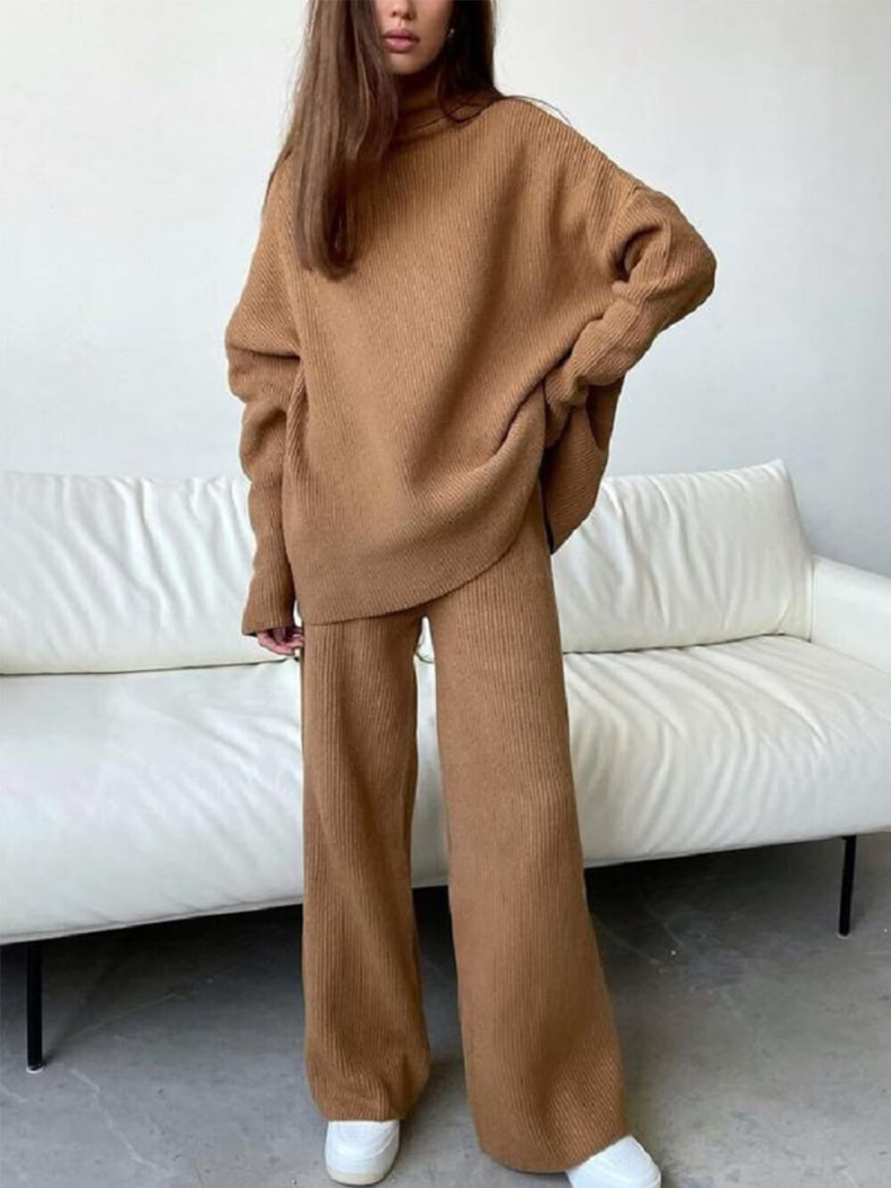 Women's brown turtleneck knit two-piece set